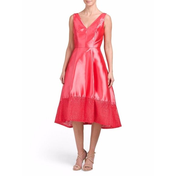 NWT ML Monique Lhuillier Mikado Melon Deep V High-Low Mesh Trim Dress 2 $698 - Picture 1 of 12